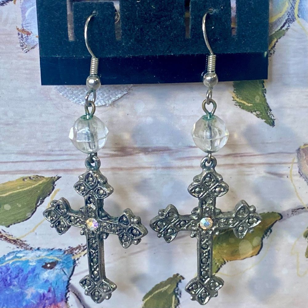 Celtic Cross Earrings Elegant Gothic Dark Fairy Embossed Dangle Beabed Accents